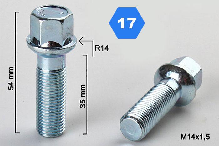 M14x1,5, Radius 14, Wielbout radius, Draadlengte 35mm, SW 17, o.a. Mercedes